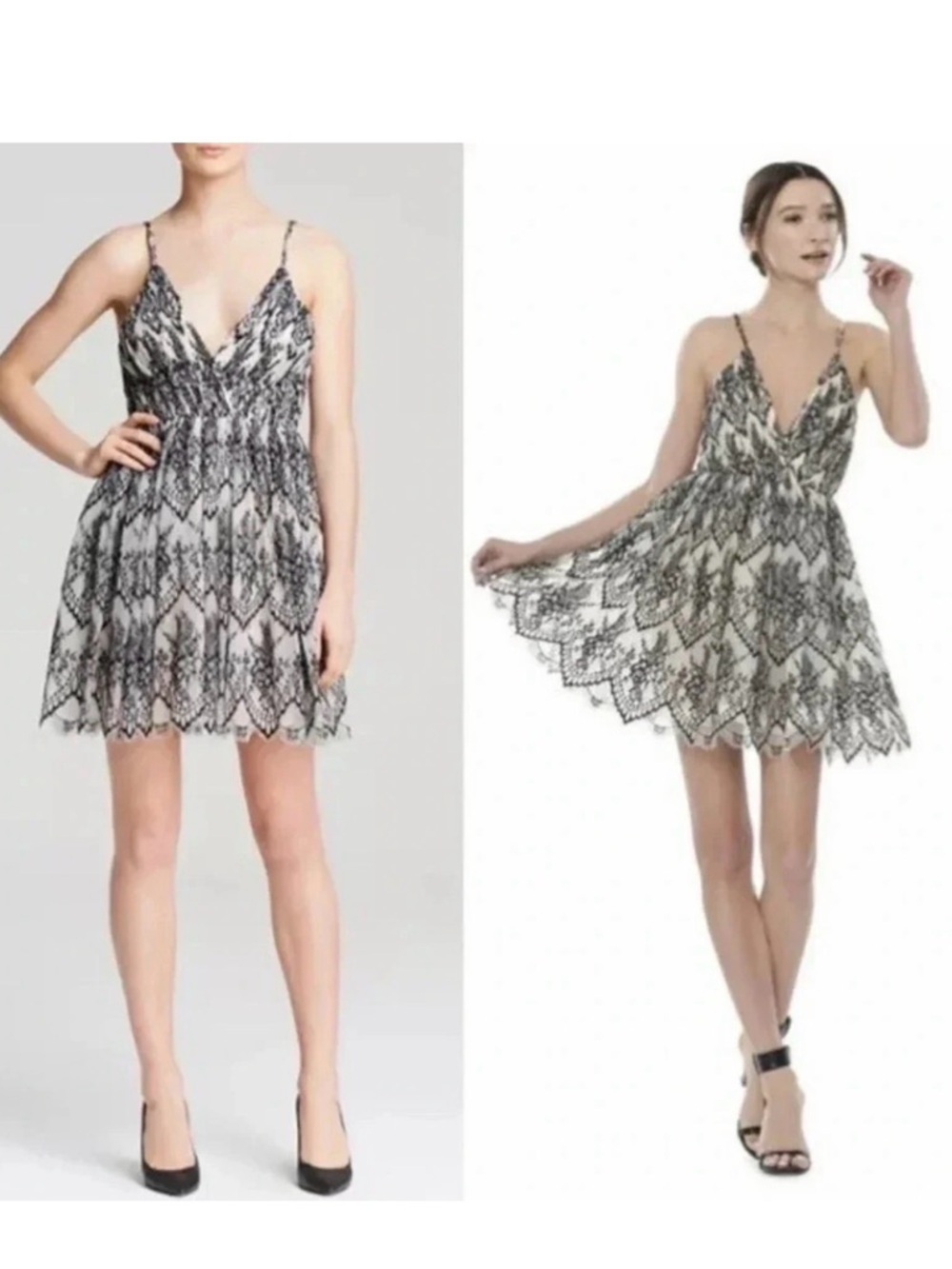 Alice + Olivia Cara Lace Fit Flare Mini Dress 4 Black Ivory Cocktail
